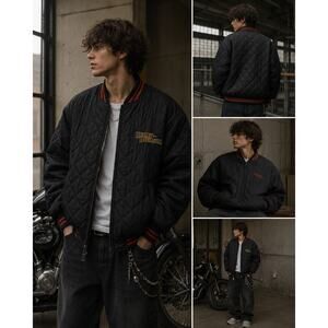 Vintage 2004 Harley Davidson Reversible Quilted Bomber Jacket XL Black
